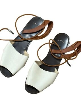 Maiyet IVORY LEATHER Flat SANDALS Tie Up Ankle  Size 38 US 7.5